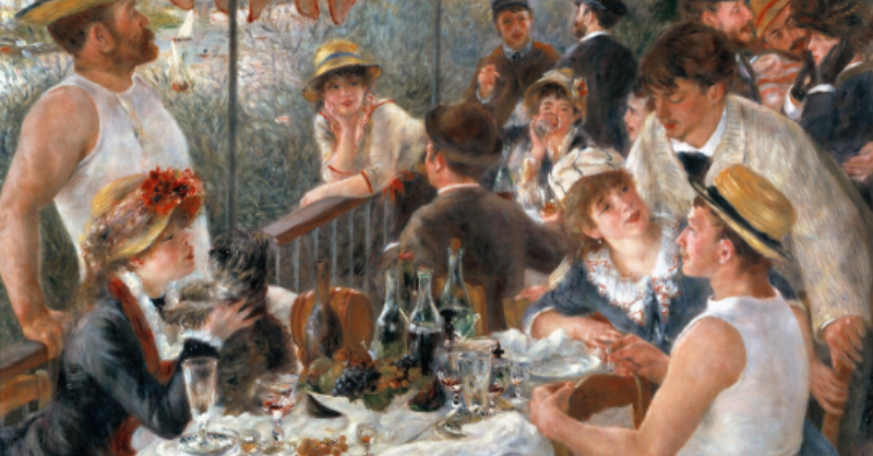 Scène animée du Bal du moulin de la Galette, illustrant la joie de vivre des peintres impressionnistes français.